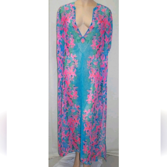 NWT LILLY PULITZER WOMEN'S FREY LONG-SLEEVED MAXI SWIM COVER MULTISEAWEED SAMBA
